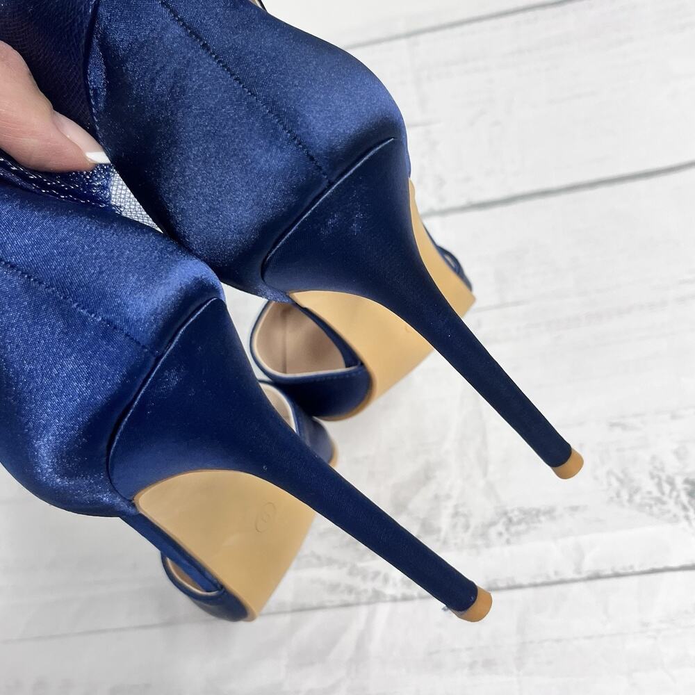 Navy Blue Satin Ultra High Heels Shoes size 9 Mesh Bow Prom Wedding Cocktail - Picture 9 of 12